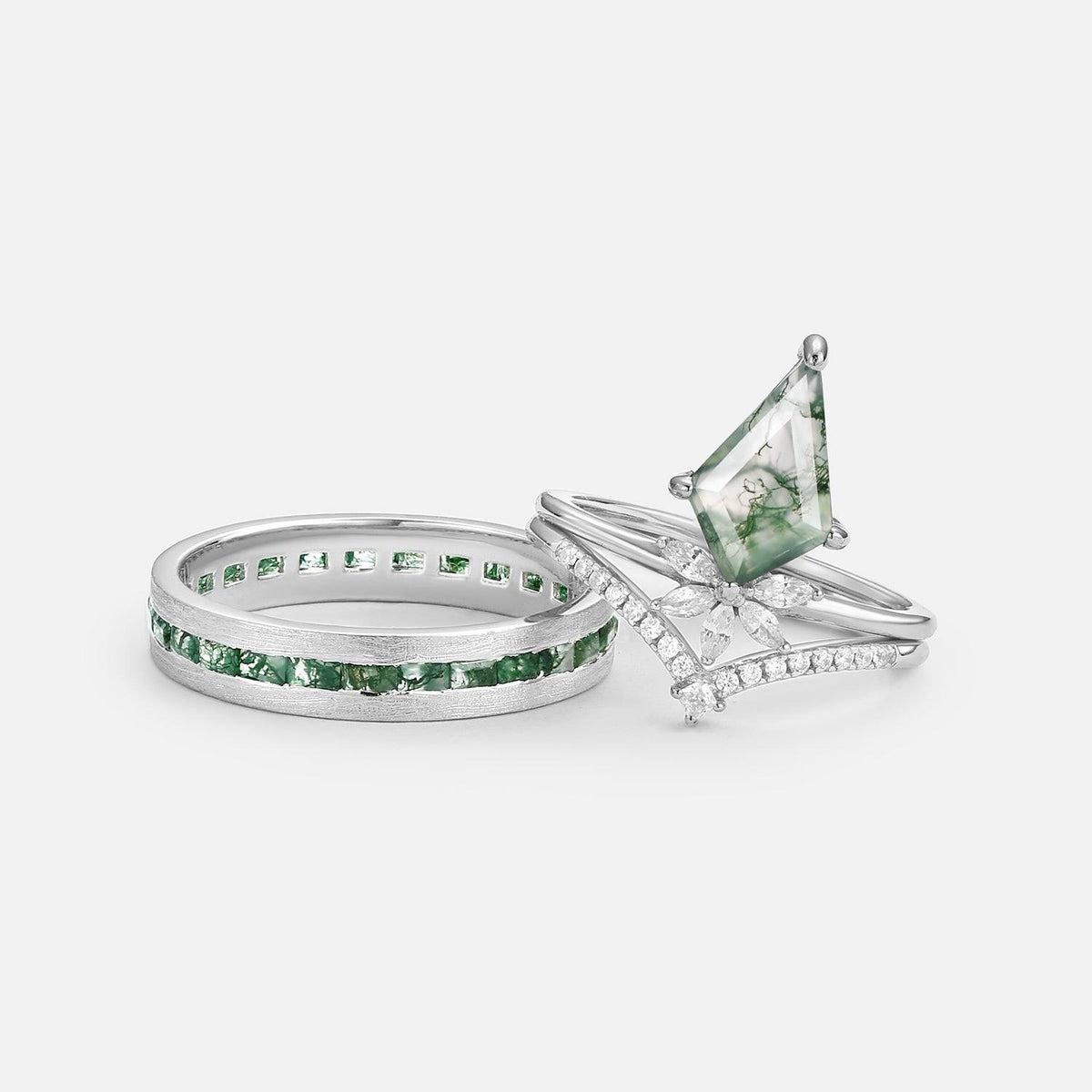 Flora’s Grove | Kite Cut Moss Agate Couple Ring Set 3pcs.
