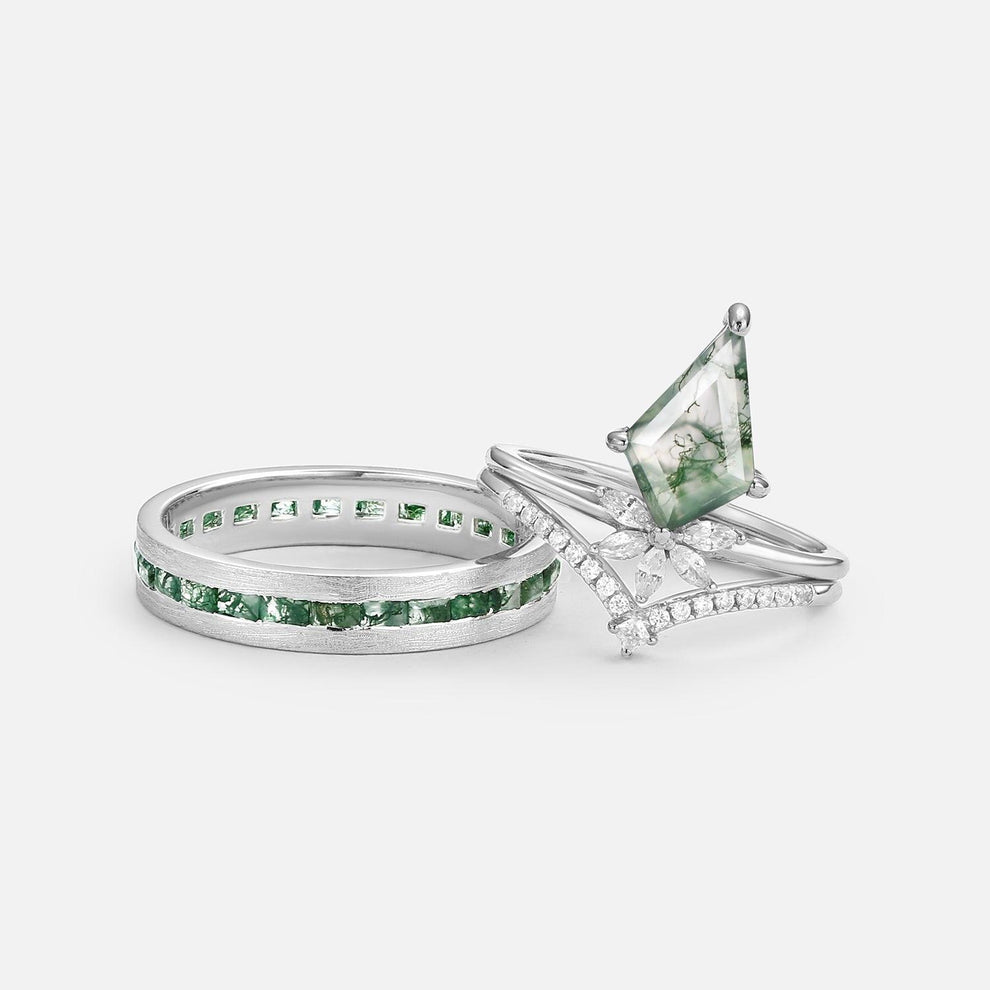 Flora’s Grove | Kite Cut Moss Agate Couple Ring Set 3pcs.