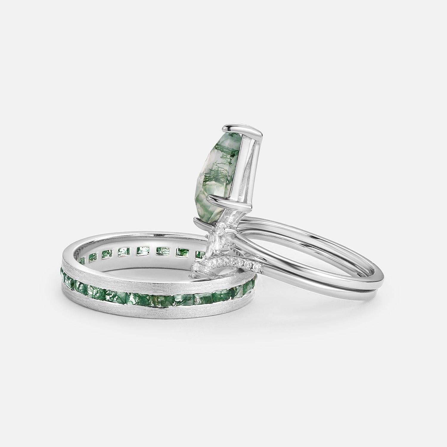 Flora’s Grove | Kite Cut Moss Agate Couple Ring Set 3pcs.