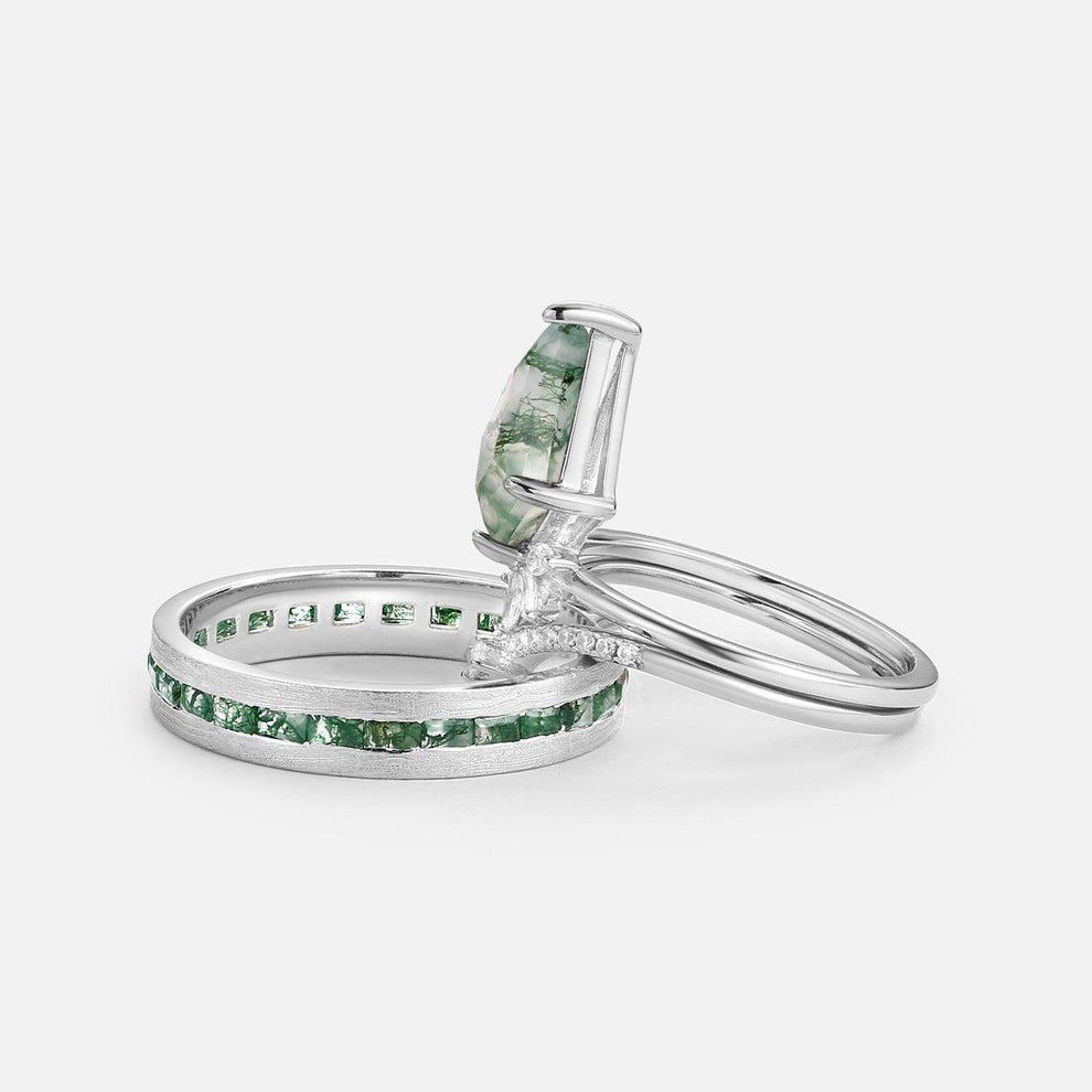 Flora’s Grove | Kite Cut Moss Agate Couple Ring Set 3pcs.