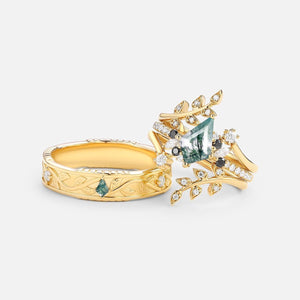 Fourfold Bond | Kite Cut Moss Agate & Black Moissanite Couple Ring Set 4pcs.