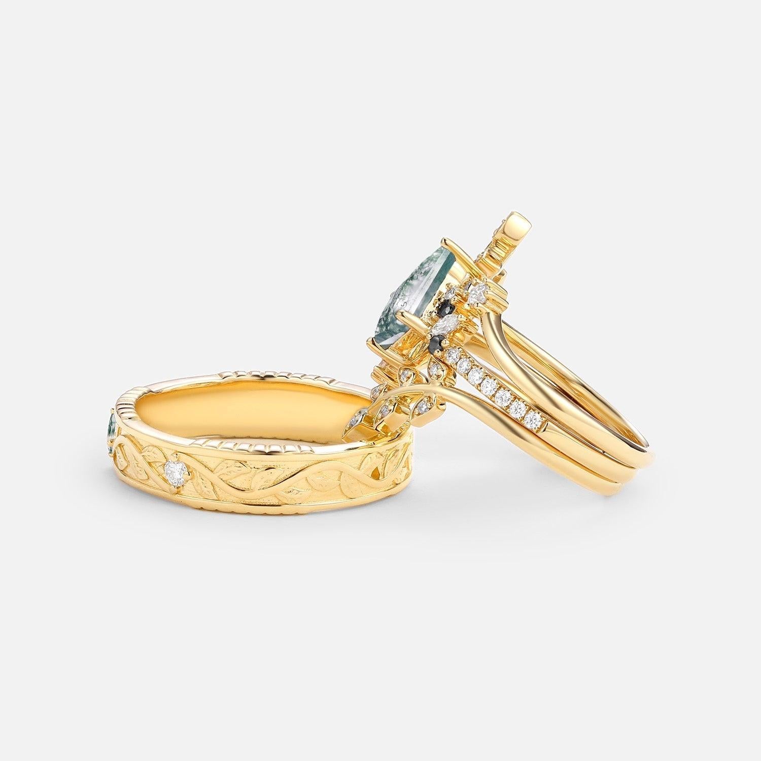 Fourfold Bond | Kite Cut Moss Agate & Black Moissanite Couple Ring Set 4pcs.