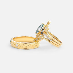 Fourfold Bond | Kite Cut Moss Agate & Black Moissanite Couple Ring Set 4pcs.