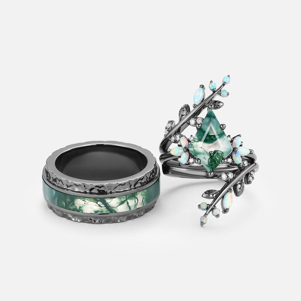 Knight’s Citadel | Kite Cut Moss Agate & Opal Couple Ring Set 3pcs.