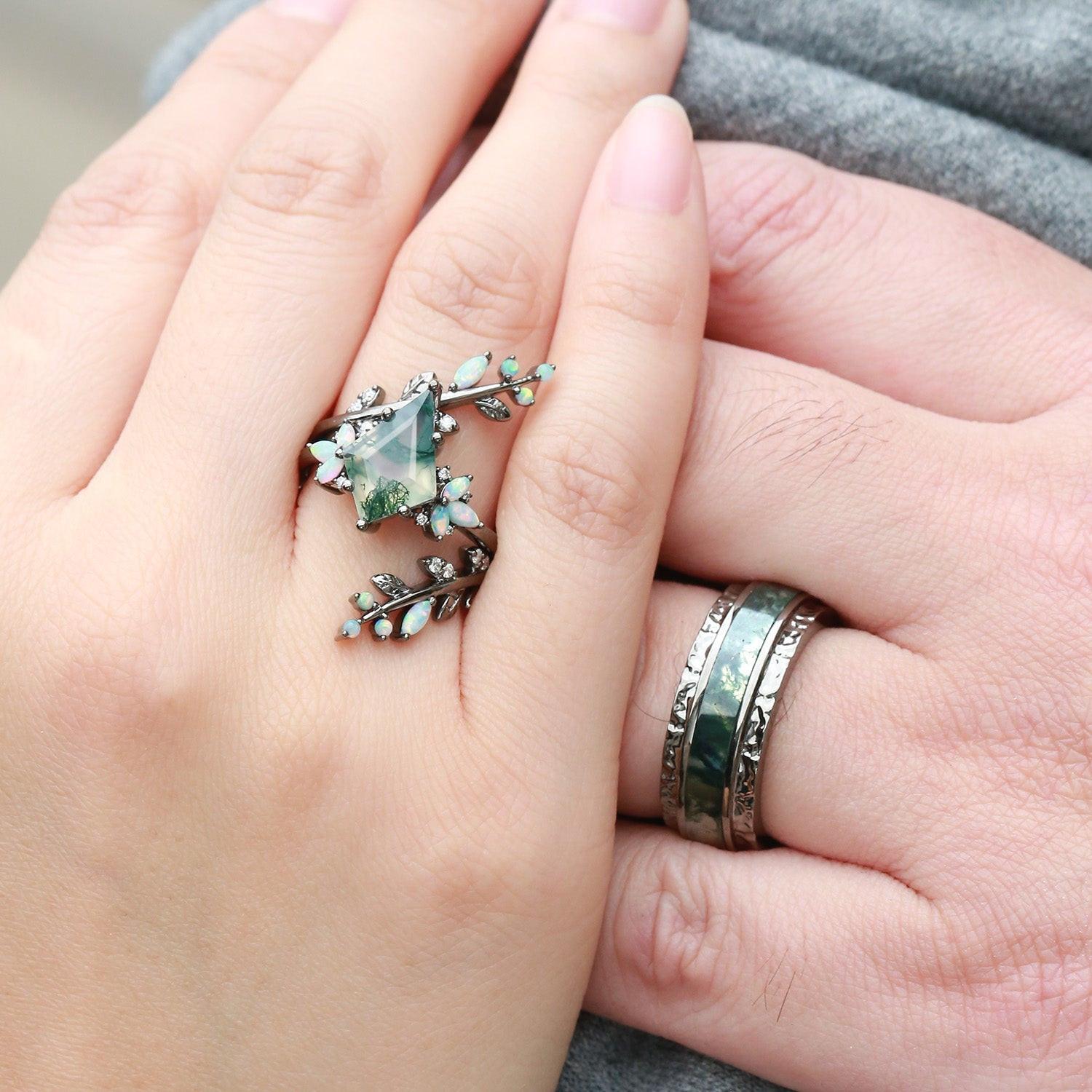 Knight’s Citadel | Kite Cut Moss Agate & Opal Couple Ring Set 3pcs.