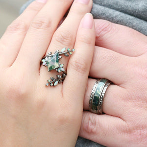Knight’s Citadel | Kite Cut Moss Agate & Opal Couple Ring Set 3pcs.
