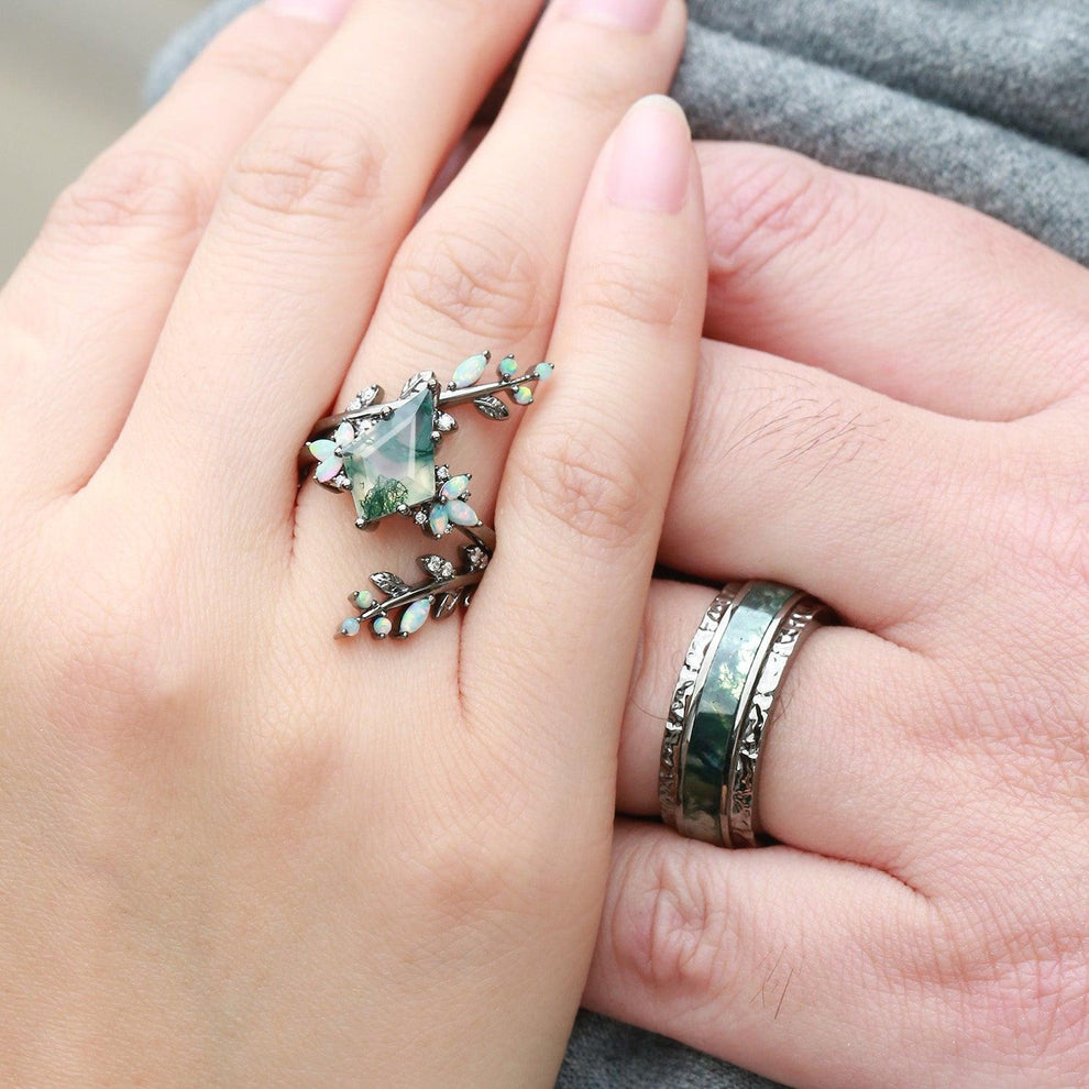 Knight’s Citadel | Kite Cut Moss Agate & Opal Couple Ring Set 3pcs.