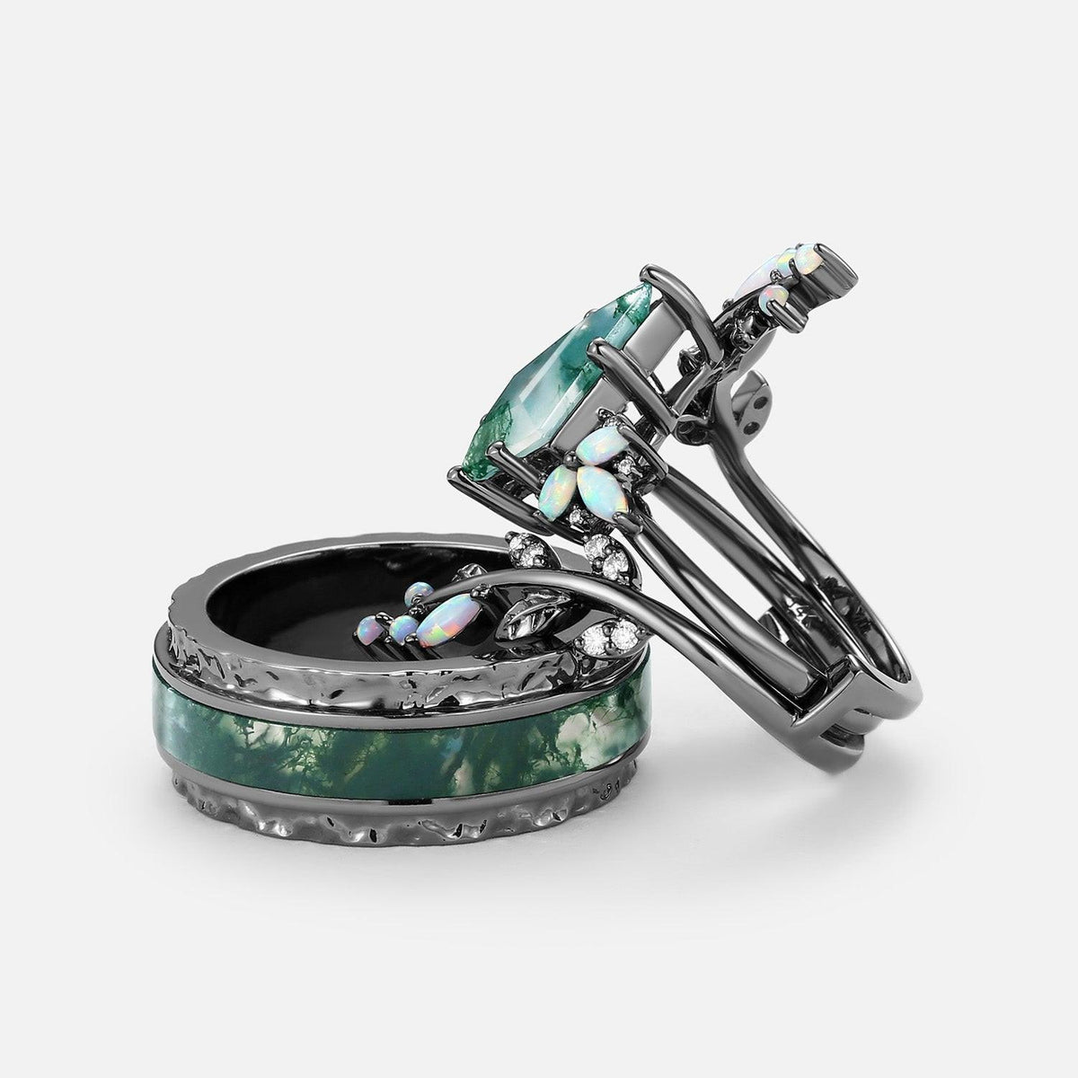 Knight’s Citadel | Kite Cut Moss Agate & Opal Couple Ring Set 3pcs.