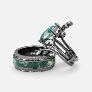 Knight’s Citadel | Kite Cut Moss Agate & Opal Couple Ring Set 3pcs.