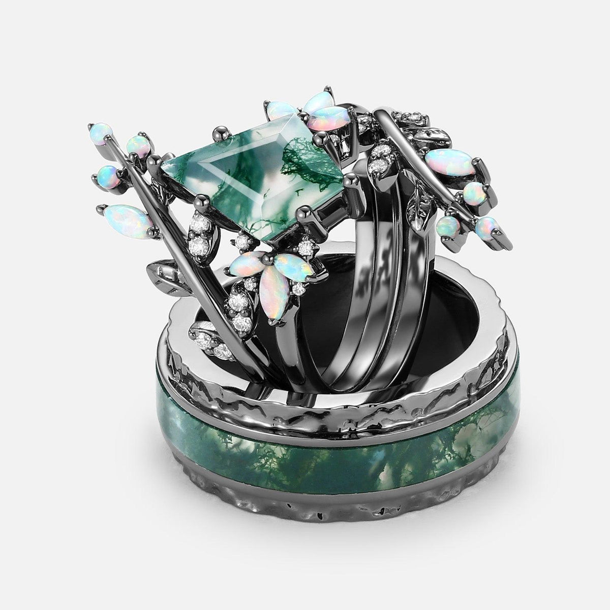 Knight’s Citadel | Kite Cut Moss Agate & Opal Couple Ring Set 3pcs.