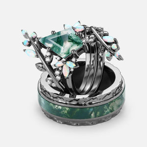 Knight’s Citadel | Kite Cut Moss Agate & Opal Couple Ring Set 3pcs.