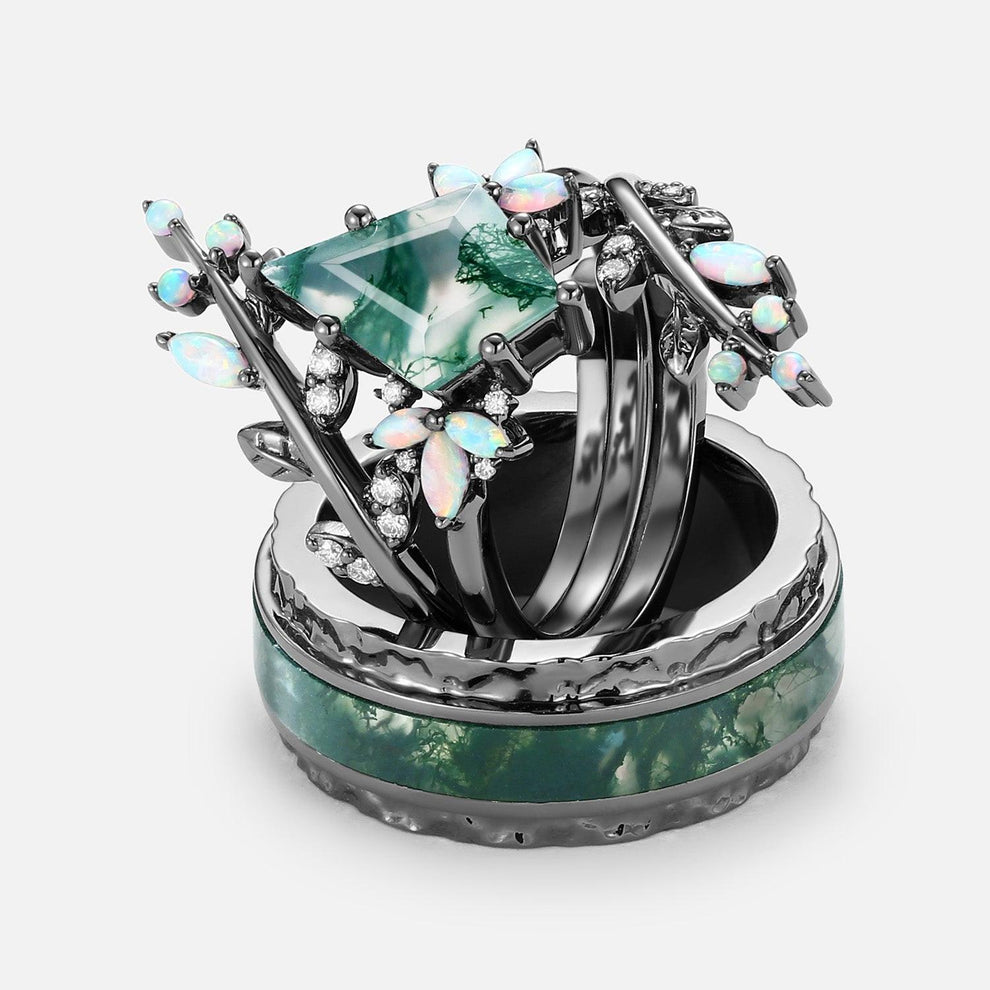 Knight’s Citadel | Kite Cut Moss Agate & Opal Couple Ring Set 3pcs.