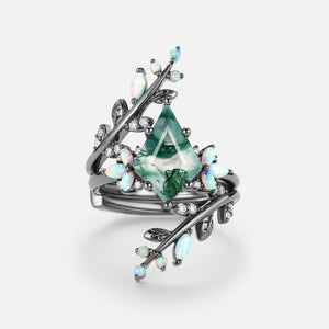 Nyx’s Enclosure | Black Gold Kite Cut Moss Agate & Opal Cage Leafy Engagement Ring Set 2pcs.