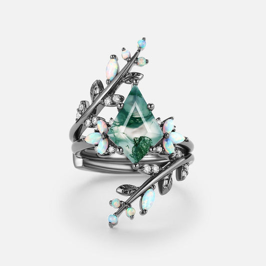 Nyx’s Enclosure | Black Gold Kite Cut Moss Agate & Opal Cage Leafy Engagement Ring Set 2pcs.