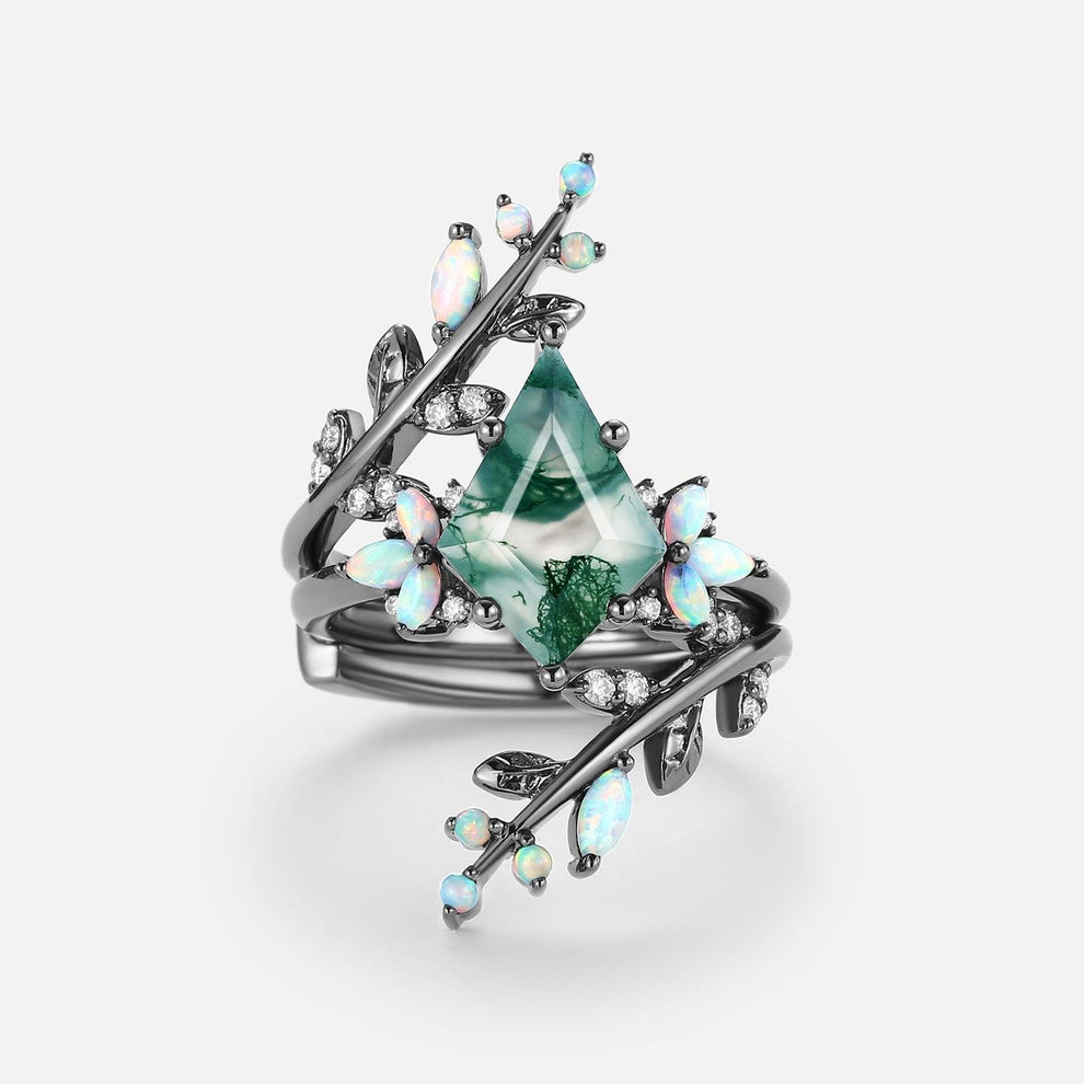 Nyx’s Enclosure | Black Gold Kite Cut Moss Agate & Opal Cage Leafy Engagement Ring Set 2pcs.