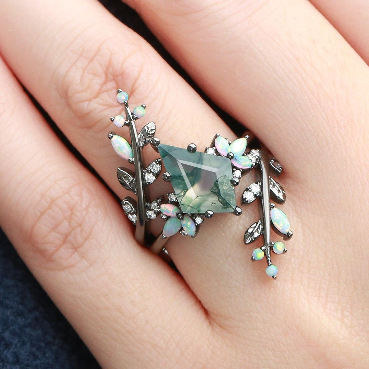 Nyx’s Enclosure | Black Gold Kite Cut Moss Agate & Opal Cage Leafy Engagement Ring Set 2pcs.