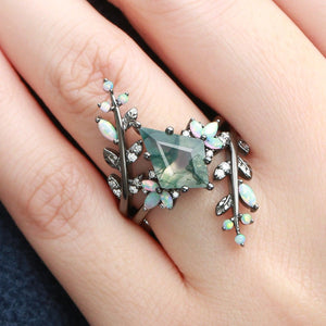 Nyx’s Enclosure | Black Gold Kite Cut Moss Agate & Opal Cage Leafy Engagement Ring Set 2pcs.