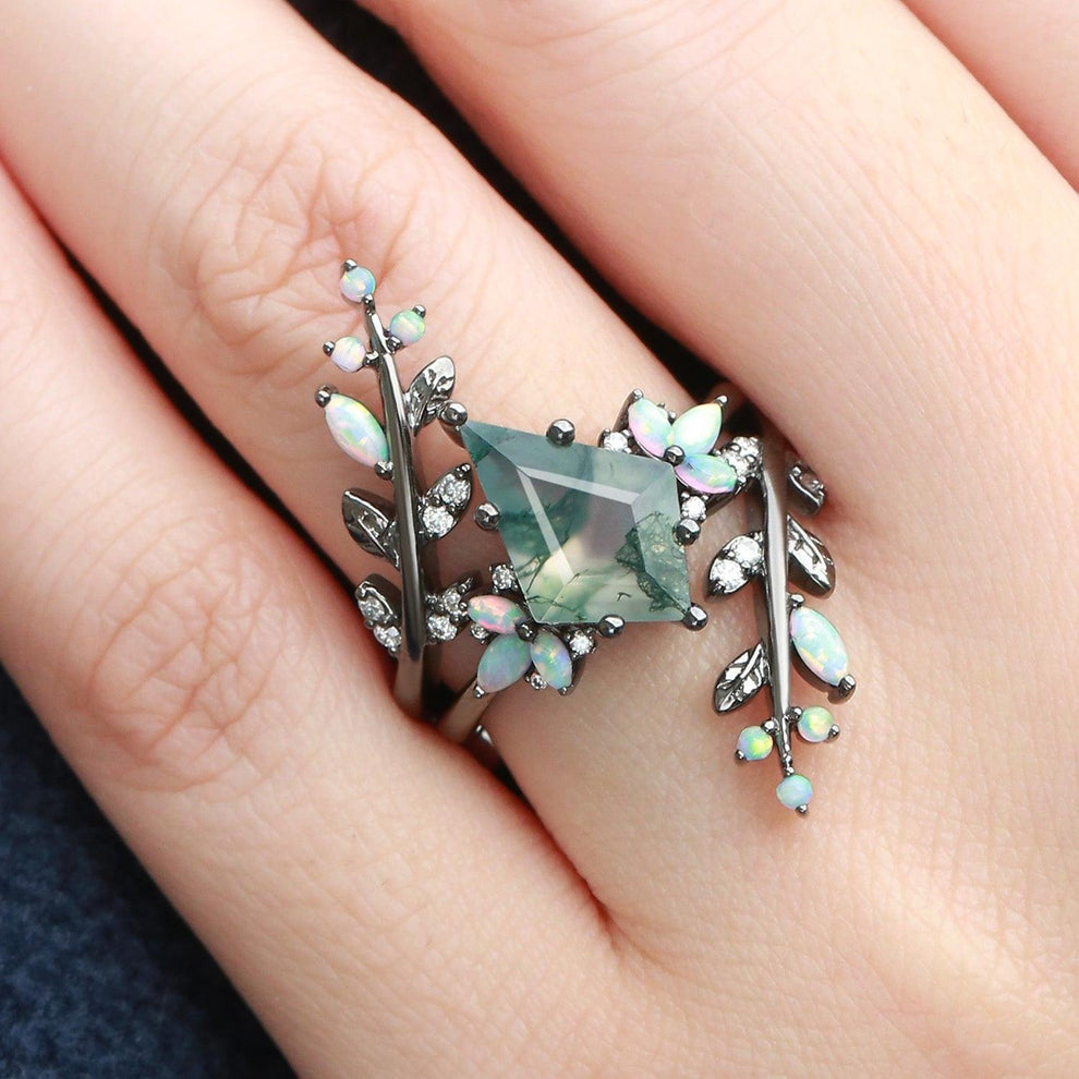 Nyx’s Enclosure | Black Gold Kite Cut Moss Agate & Opal Cage Leafy Engagement Ring Set 2pcs.