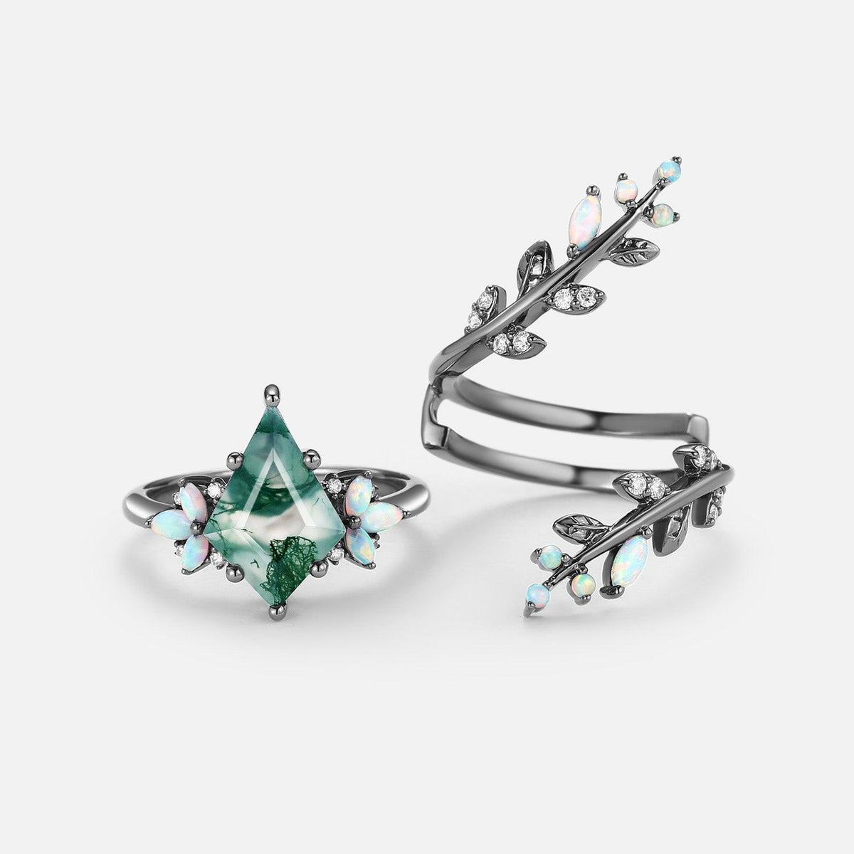 Nyx’s Enclosure | Black Gold Kite Cut Moss Agate & Opal Cage Leafy Engagement Ring Set 2pcs.