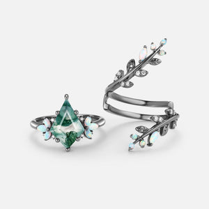 Nyx’s Enclosure | Black Gold Kite Cut Moss Agate & Opal Cage Leafy Engagement Ring Set 2pcs.