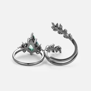 Nyx’s Enclosure | Black Gold Kite Cut Moss Agate & Opal Cage Leafy Engagement Ring Set 2pcs.