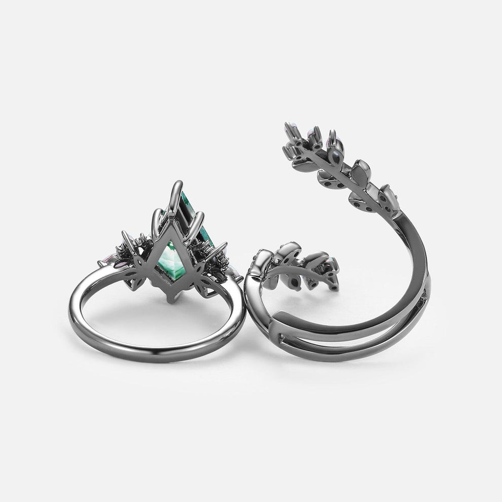 Nyx’s Enclosure | Black Gold Kite Cut Moss Agate & Opal Cage Leafy Engagement Ring Set 2pcs.