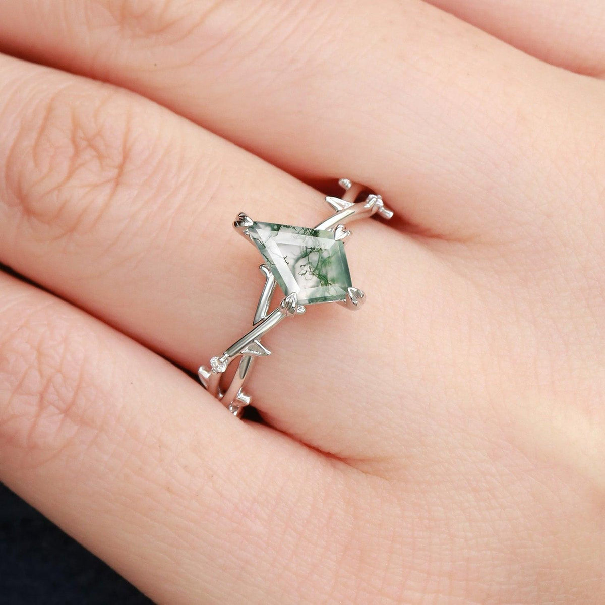 Bramble Minimalist Kite Cut Moss Agate Leafy Engagement Ring.
