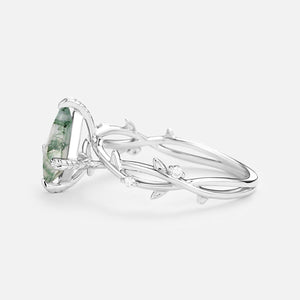 Bramble Minimalist Kite Cut Moss Agate Leafy Engagement Ring.