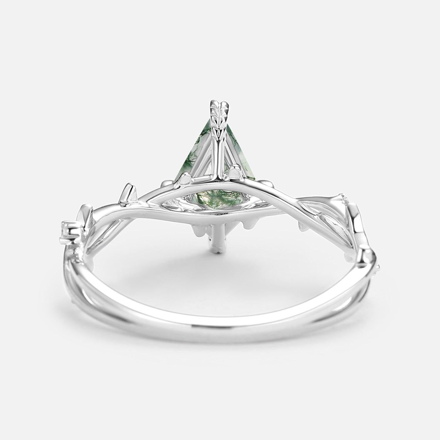 Bramble Minimalist Kite Cut Moss Agate Leafy Engagement Ring.