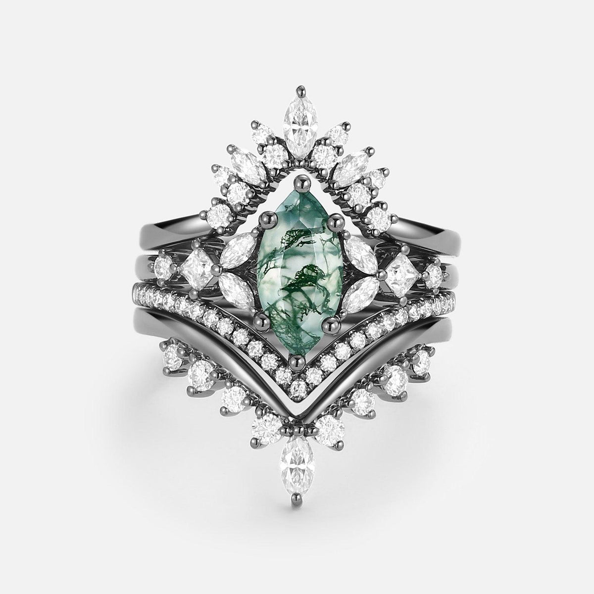 Amelia Unique Marquise Moss Agate Engagement Ring Set 4pcs.