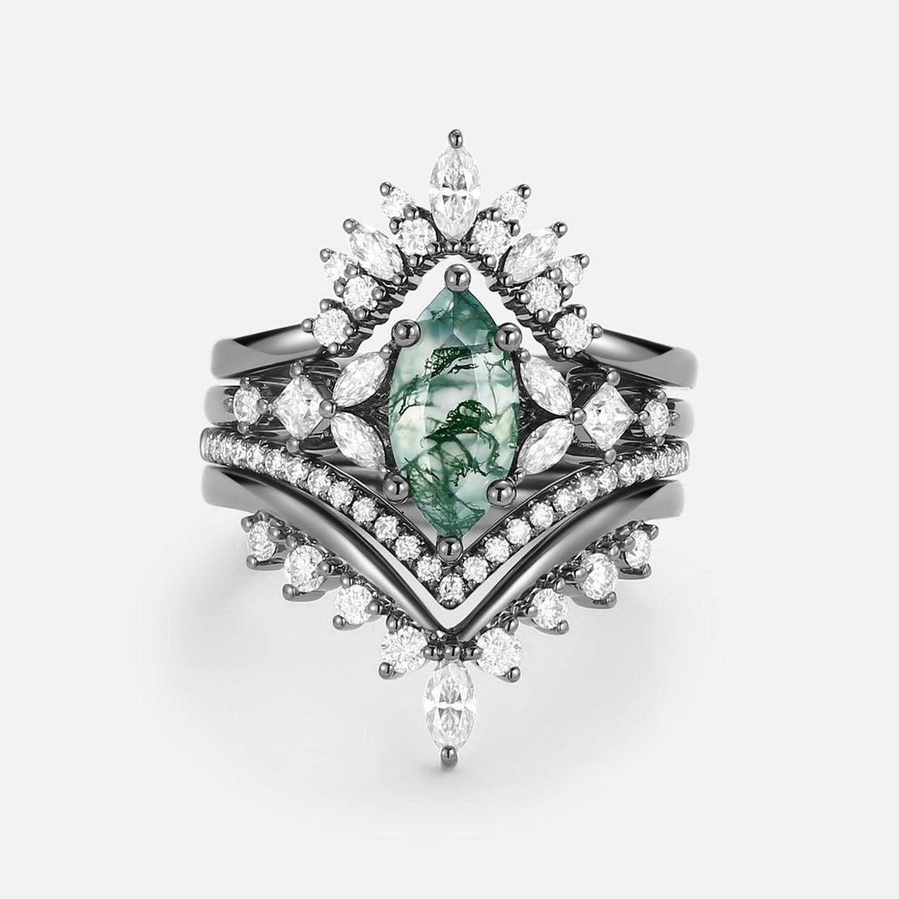 Amelia Unique Marquise Moss Agate Engagement Ring Set 4pcs.
