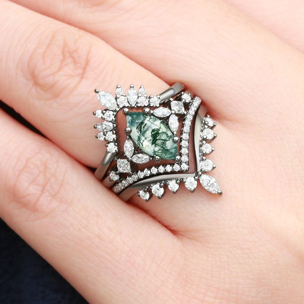 Amelia Unique Marquise Moss Agate Engagement Ring Set 4pcs.