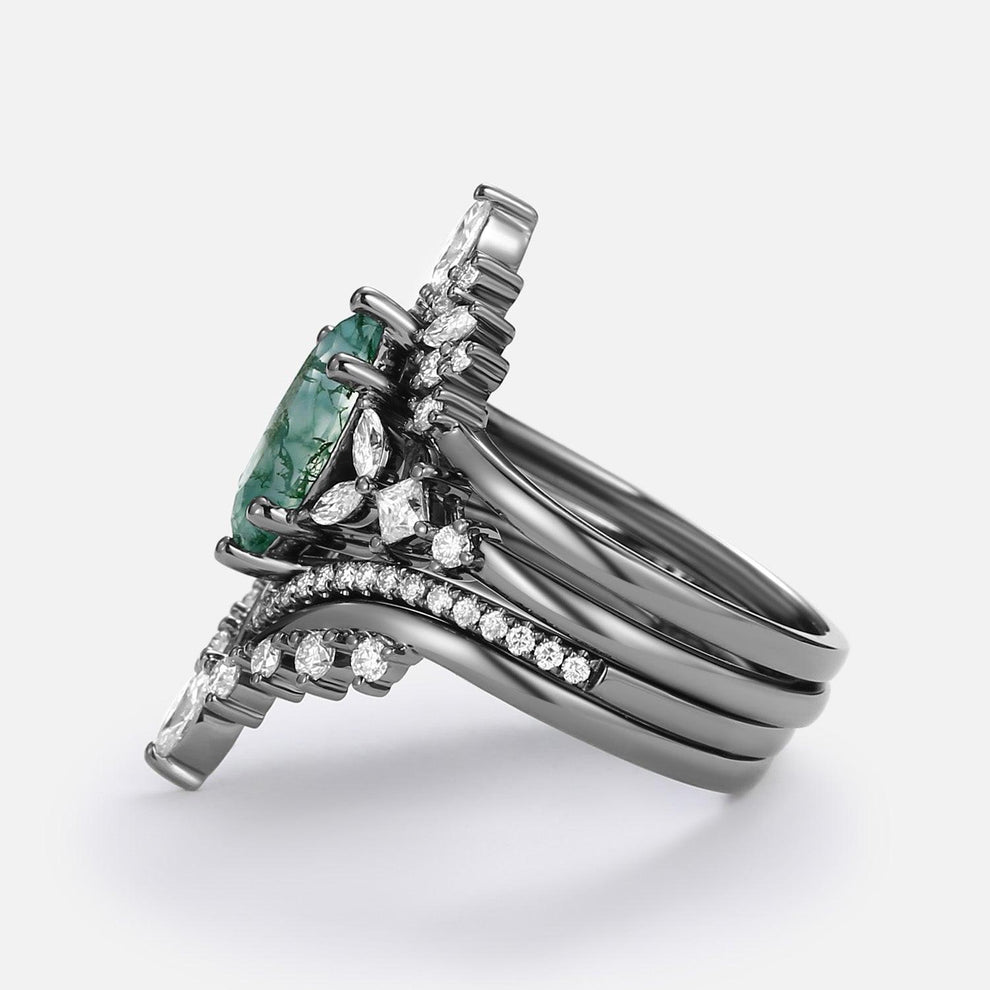 Amelia Unique Marquise Moss Agate Engagement Ring Set 4pcs.
