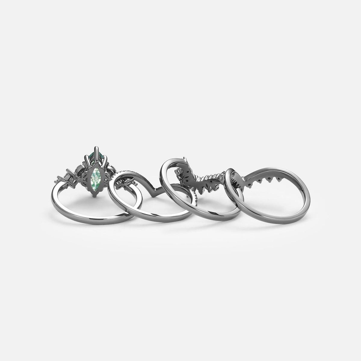 Amelia Unique Marquise Moss Agate Engagement Ring Set 4pcs.