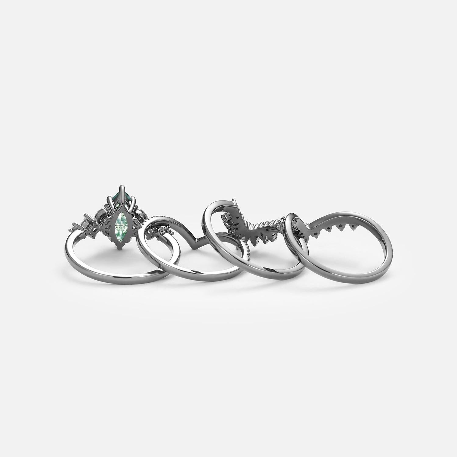Amelia Unique Marquise Moss Agate Engagement Ring Set 4pcs.