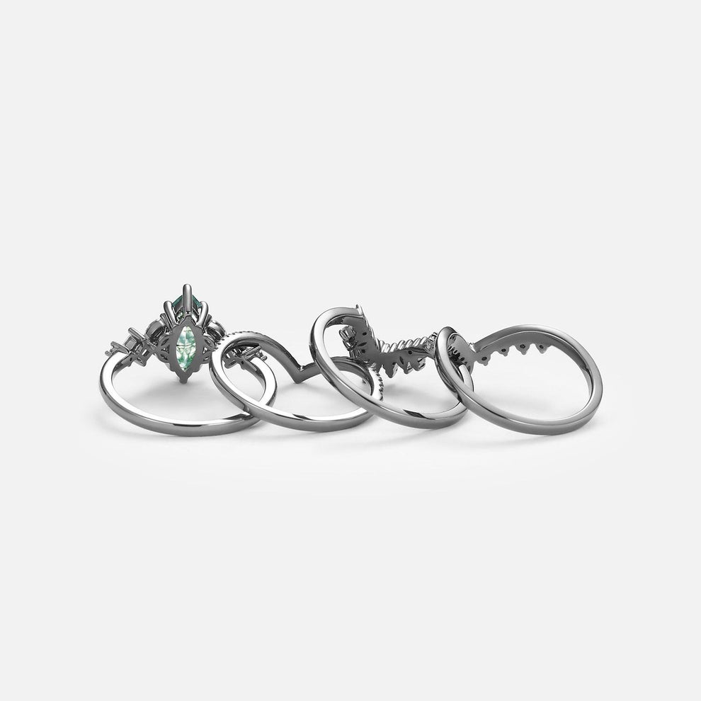 Amelia Unique Marquise Moss Agate Engagement Ring Set 4pcs.
