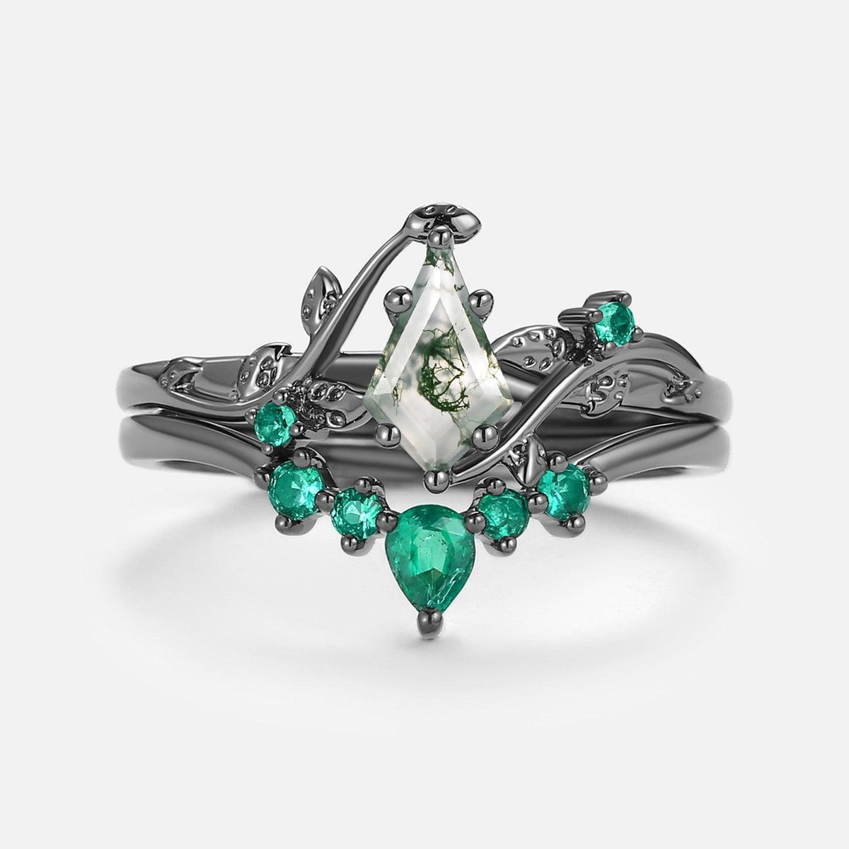 Willow’s Shadow | Black Gold Kite Cut Moss Agate & Emerald Leafy Bridal Set 2pcs.