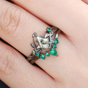 Willow’s Shadow | Black Gold Kite Cut Moss Agate & Emerald Leafy Bridal Set 2pcs.
