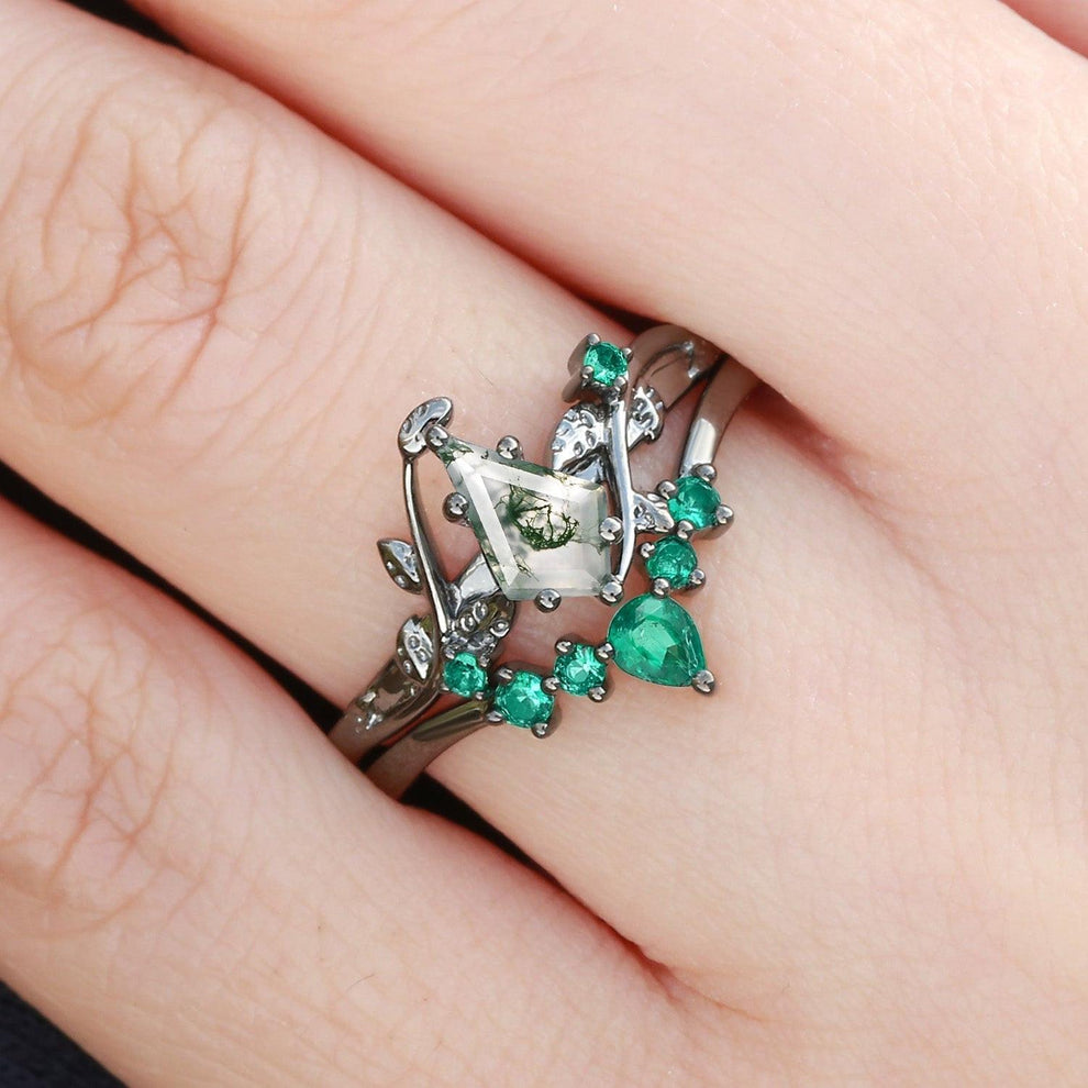 Willow’s Shadow | Black Gold Kite Cut Moss Agate & Emerald Leafy Bridal Set 2pcs.