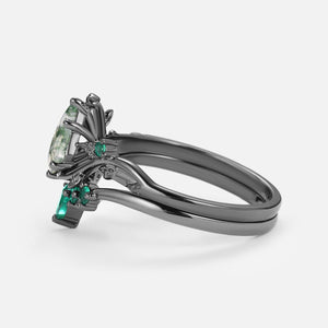 Willow’s Shadow | Black Gold Kite Cut Moss Agate & Emerald Leafy Bridal Set 2pcs.