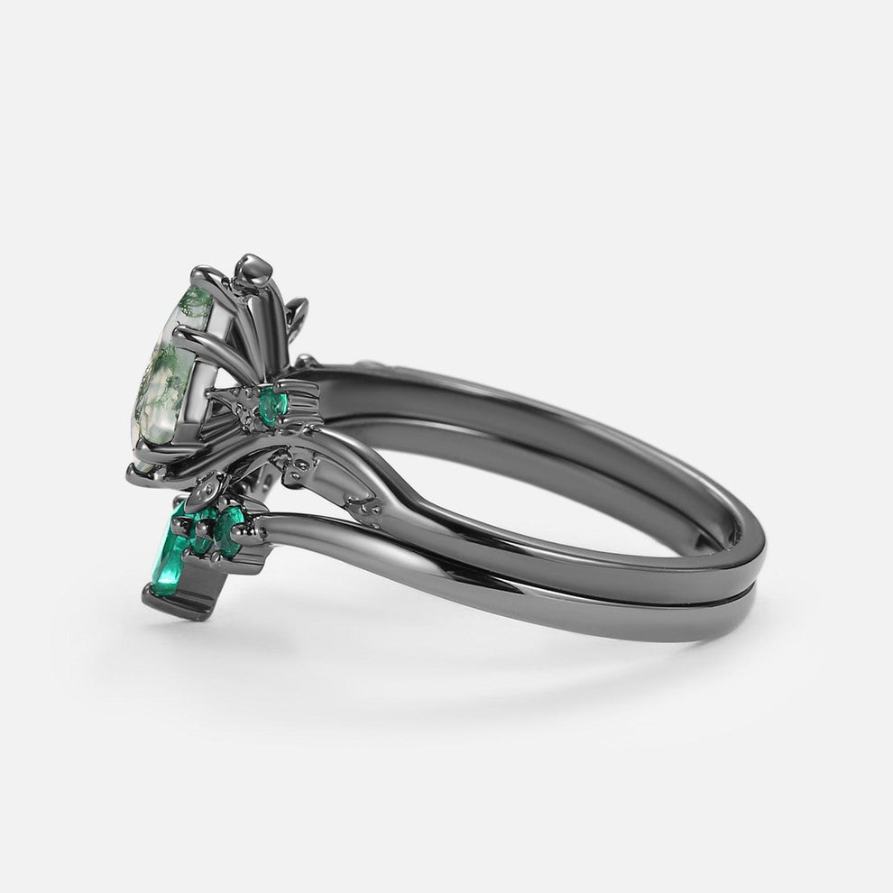 Willow’s Shadow | Black Gold Kite Cut Moss Agate & Emerald Leafy Bridal Set 2pcs.