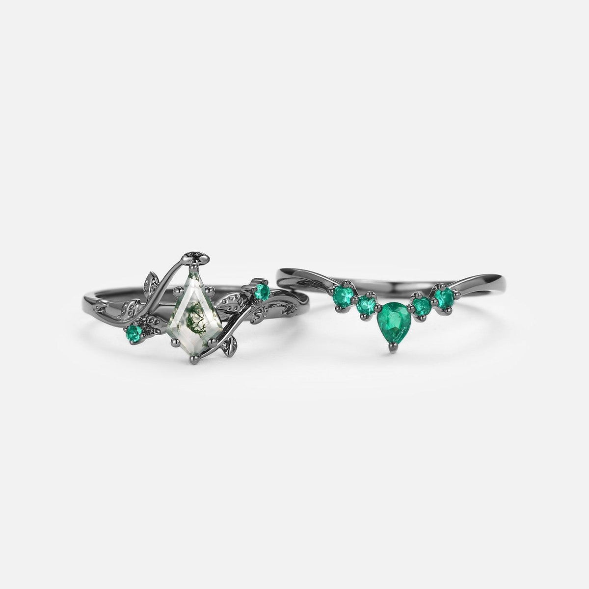Willow’s Shadow | Black Gold Kite Cut Moss Agate & Emerald Leafy Bridal Set 2pcs.
