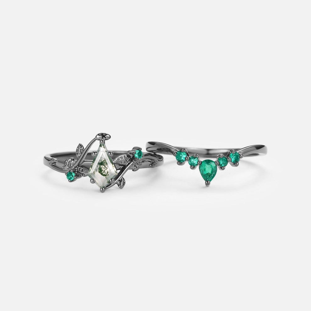 Willow’s Shadow | Black Gold Kite Cut Moss Agate & Emerald Leafy Bridal Set 2pcs.