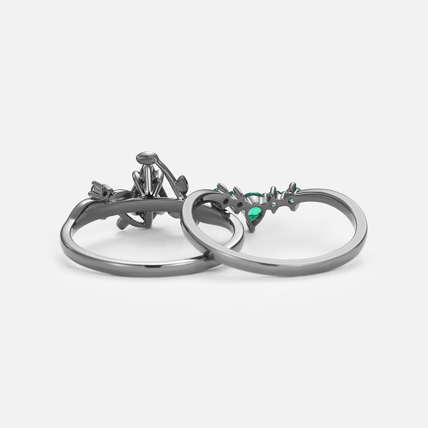 Willow’s Shadow | Black Gold Kite Cut Moss Agate & Emerald Leafy Bridal Set 2pcs.