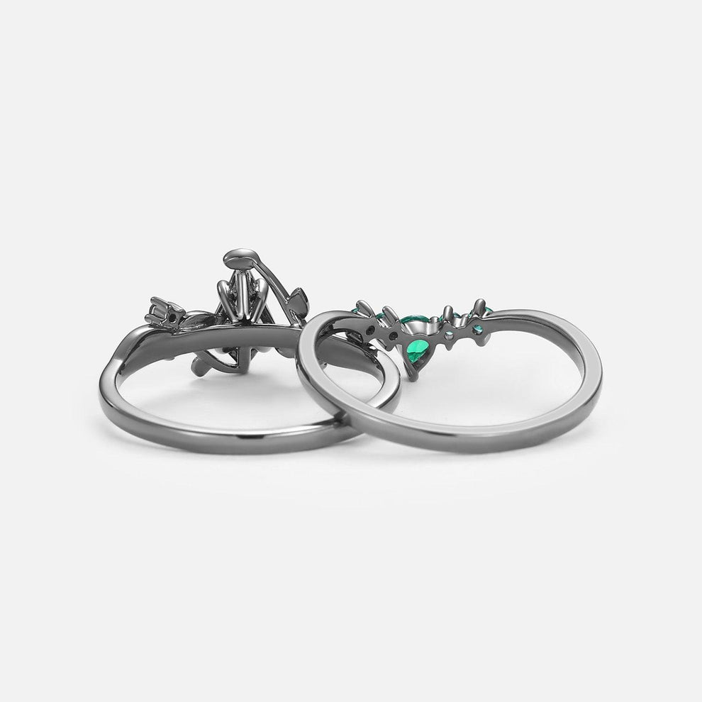 Willow’s Shadow | Black Gold Kite Cut Moss Agate & Emerald Leafy Bridal Set 2pcs.