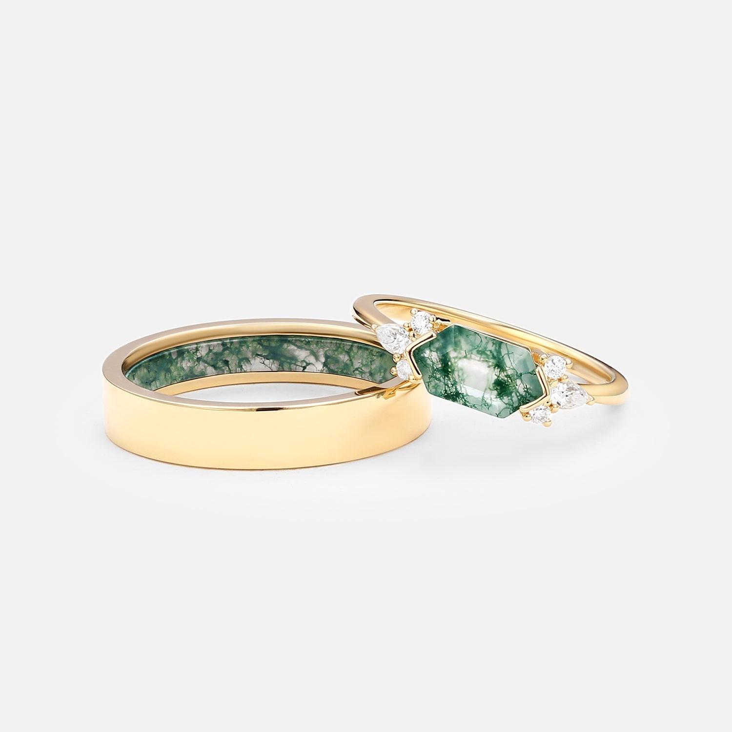 Yellow Gold Elongated Hexagon Moss Agate Couple Ring Set 2pcs.