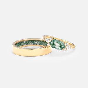 Yellow Gold Elongated Hexagon Moss Agate Couple Ring Set 2pcs.