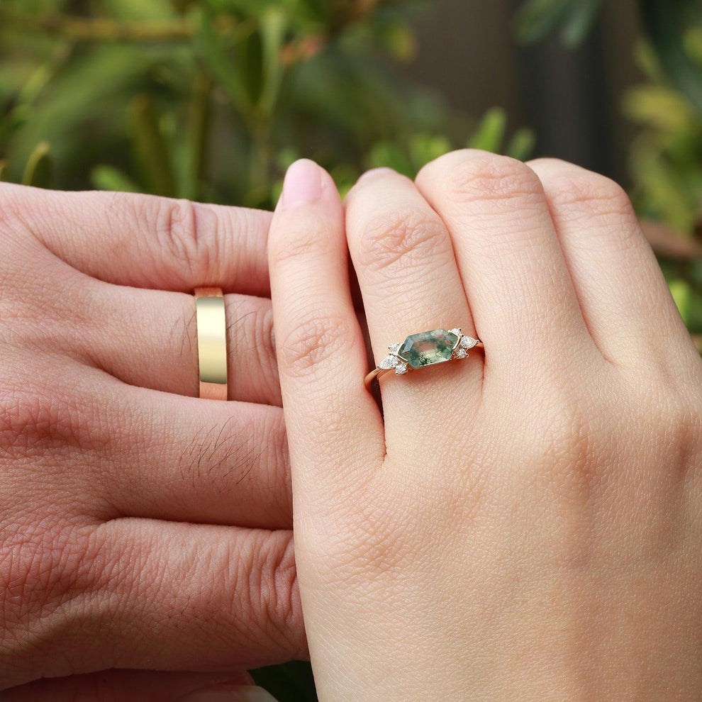 Yellow Gold Elongated Hexagon Moss Agate Couple Ring Set 2pcs.