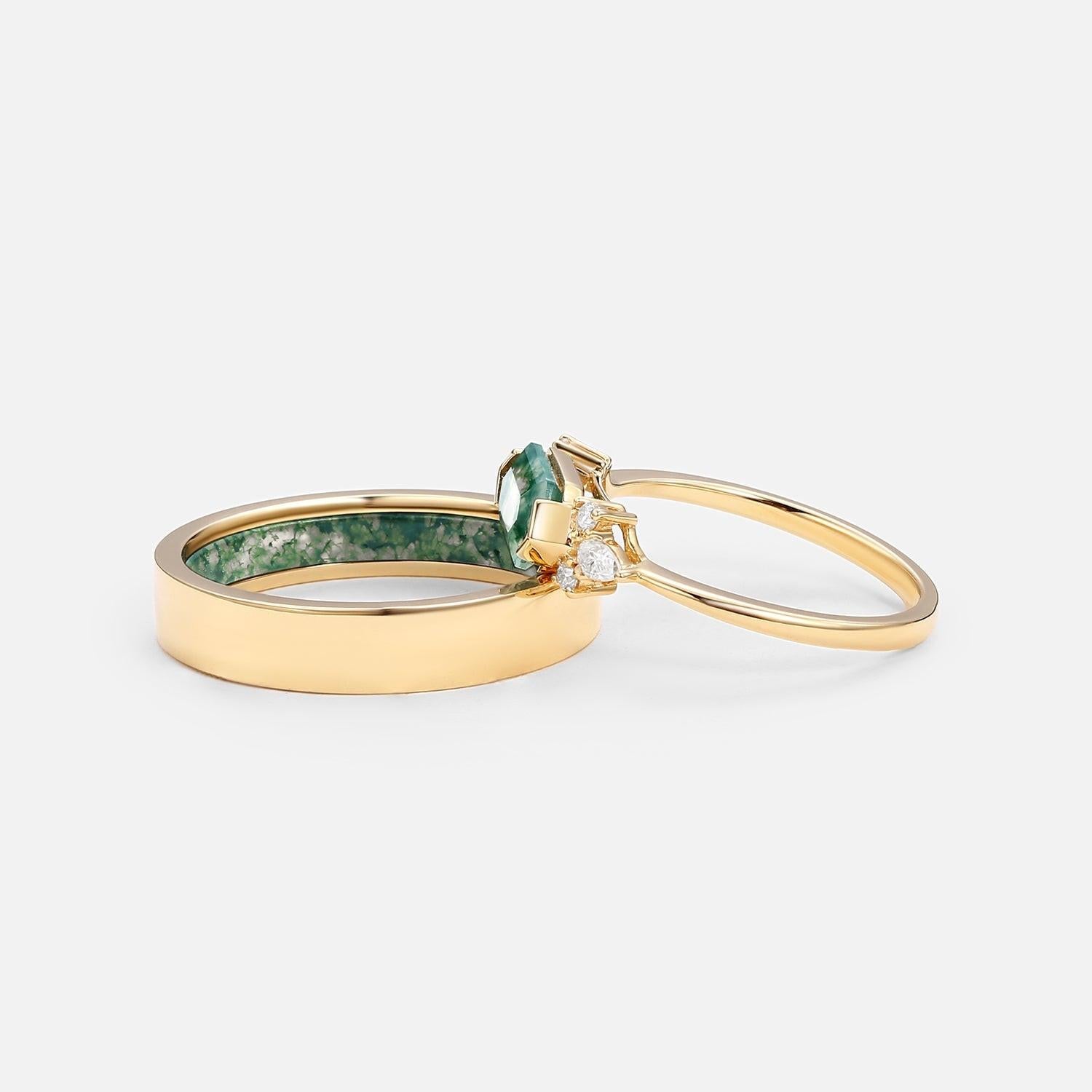 Yellow Gold Elongated Hexagon Moss Agate Couple Ring Set 2pcs.