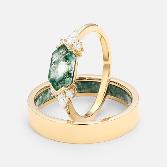 Yellow Gold Elongated Hexagon Moss Agate Couple Ring Set 2pcs.